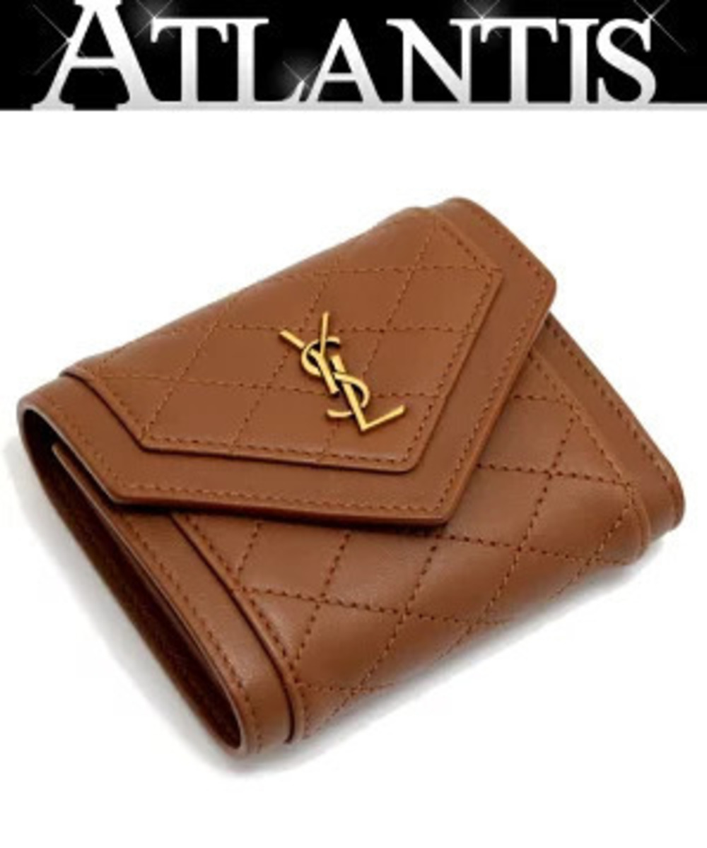 Saint Laurent Paris Gaby Multifold Wallet Tri fold Brown Leather